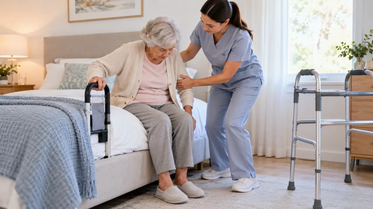 Aidant accompagnant une personne âgée lors du lever à domicile