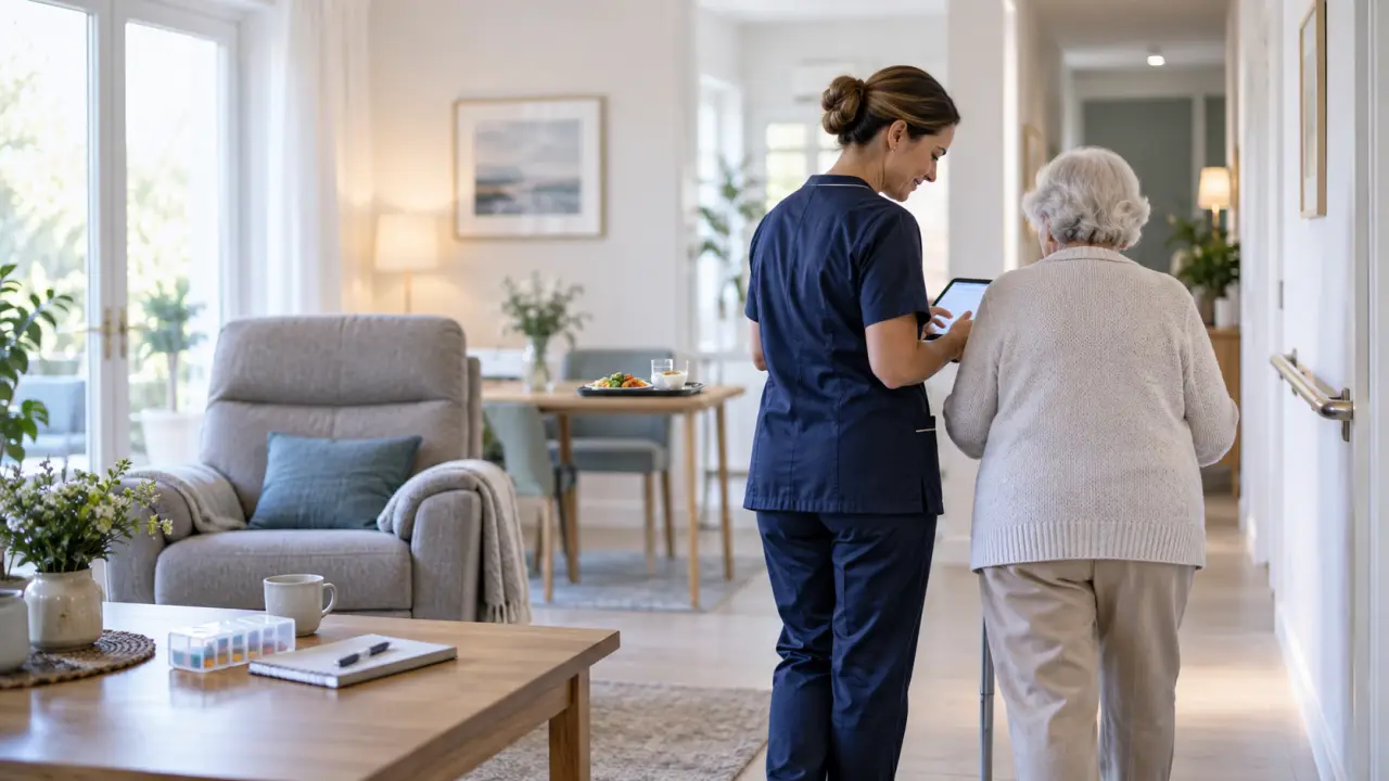 Aidant accompagnant une personne âgée dans un intérieur sécurisé
