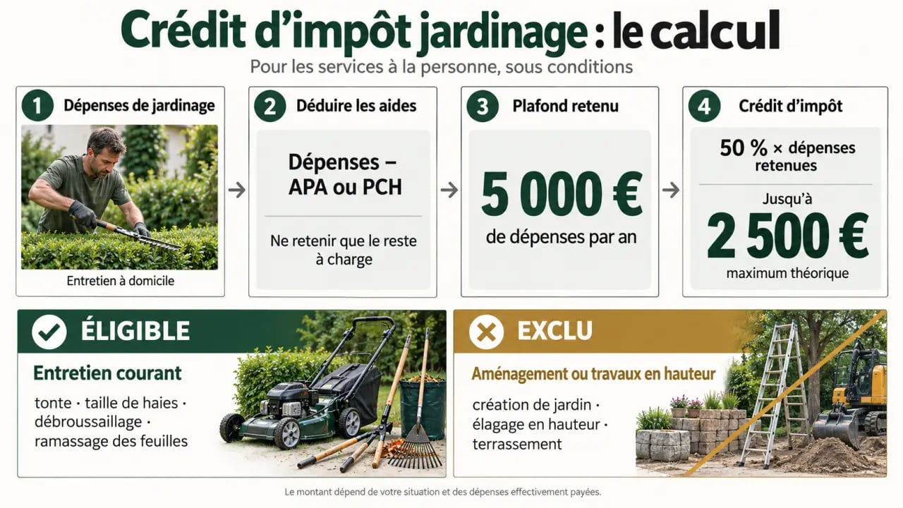Infographie sur le crédit d’impôt jardinage retraité, le plafond de 5 000 € et le remboursement de 50 %
