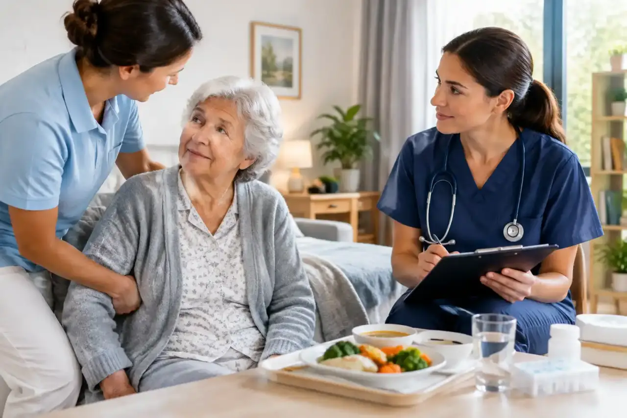 Une professionnelle accompagne une personne âgée à son domicile