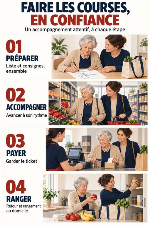 Déroulement d’une aide pour faire les courses pour les personnes âgées, de la préparation de la liste au rangement à domicile