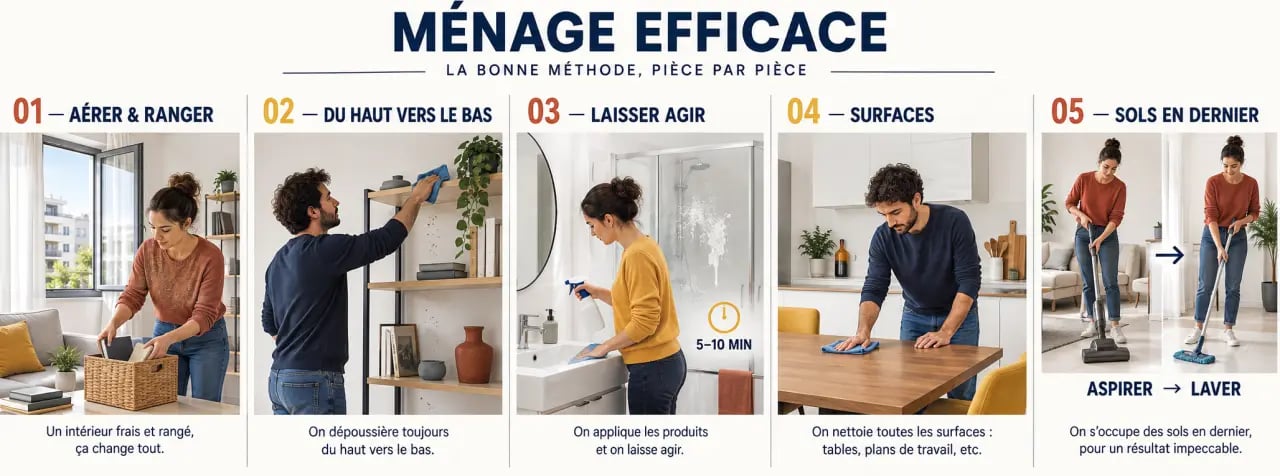 Méthode pour faire le ménage efficacement du haut vers le bas et terminer par les sols