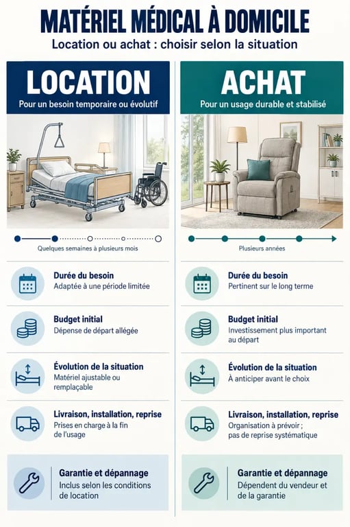 Infographie sur le matériel médical de maintien à domicile : achat ou location selon la durée du besoin