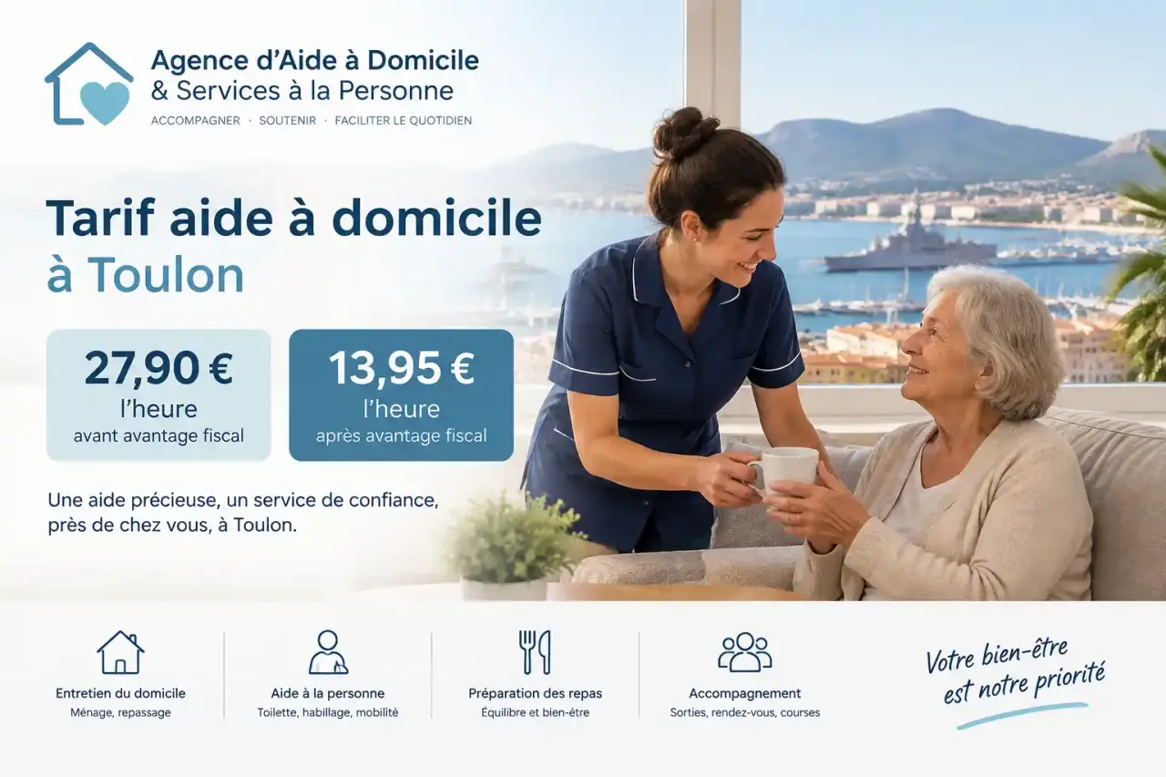 Tarif aide à domicile à Toulon : 27,90 € l’heure avant avantage fiscal, 13,95 € après