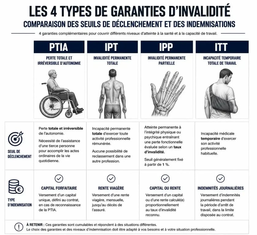 Tableau comparatif des garanties d'assurance emprunteur : PTIA, IPT, IPP et ITT