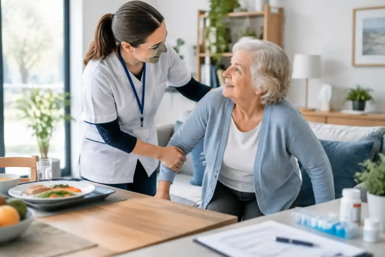 Main d'une personne âgée accompagnée par un intervenant à domicile
